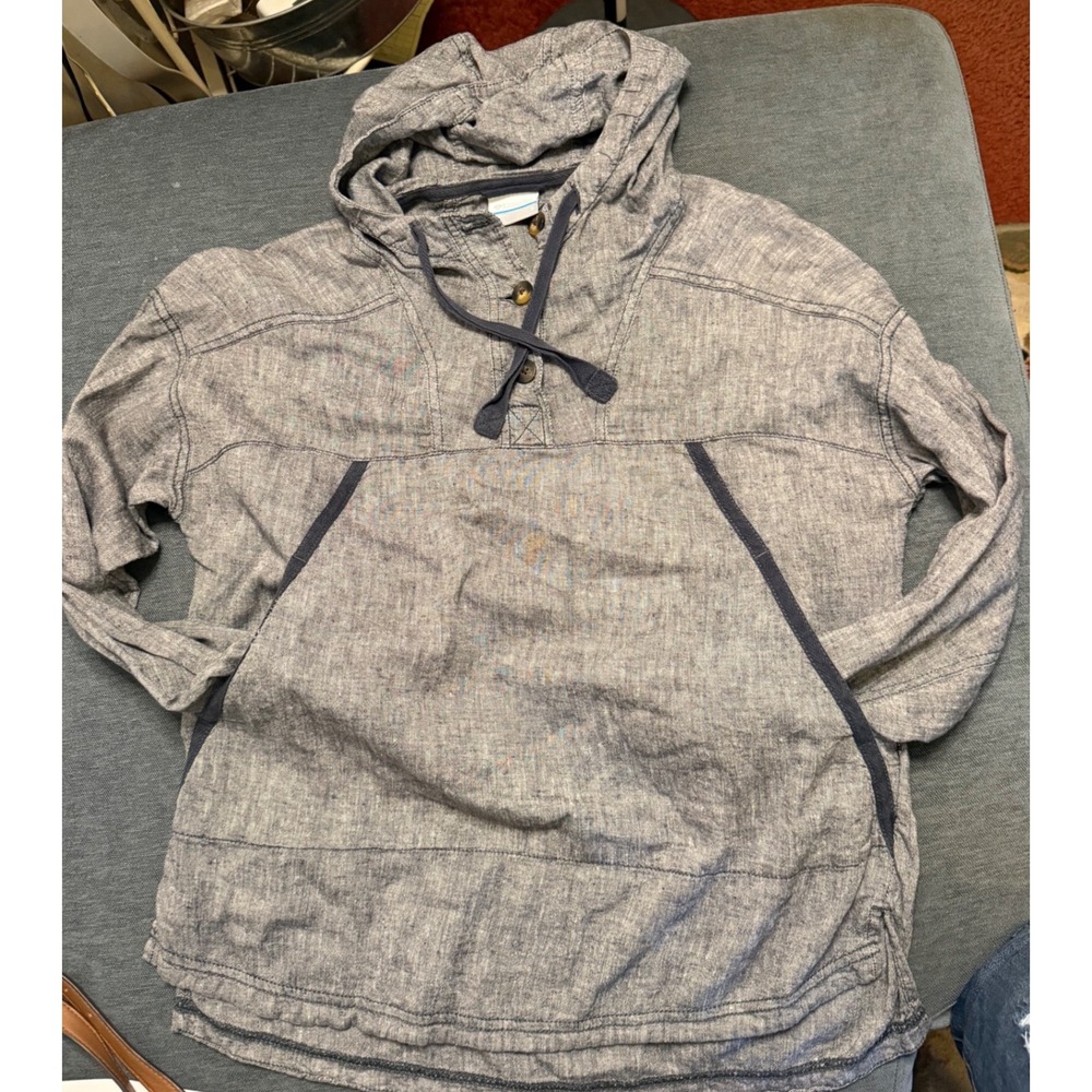 Columbia Men Grey Chambray Henley Hoodie Pullover Small Long Sleeve Kangaroo Pkt